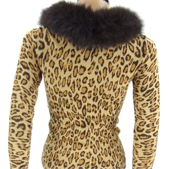 CACHE Zipper Sweater SMALL Leopard Animal Print Fox Fur Collar Knit Cardigan Top - Picture 10 of 15